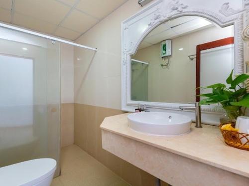 头顿KHÁCH SẠN SƠN THỊNH 23D THÙY VÂN的一间带水槽、镜子和卫生间的浴室