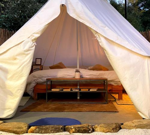 穆克缇斯瓦Bell Glamping - Luxury Bath in Mukteshwar's Nature的帐篷配有一张床和一张桌子