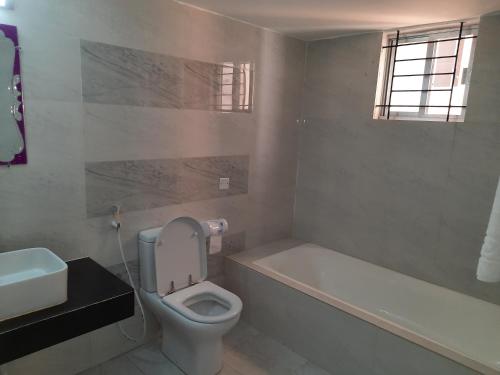 达卡Garden Residents Uttara - Lake View的浴室配有卫生间、浴缸和水槽。