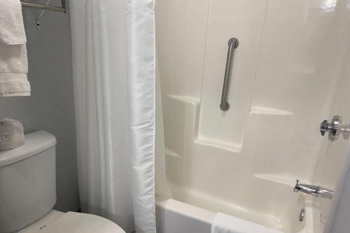 丹维尔Baymont by Wyndham Danville IL的浴室配有白色的浴帘和卫生间