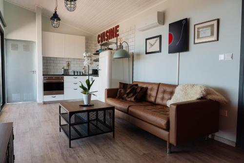 ParekklishaZima Edge的一间带棕色沙发的客厅和一间厨房