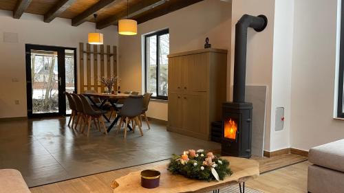 IzvoareA Sziget的客厅设有壁炉和餐桌。