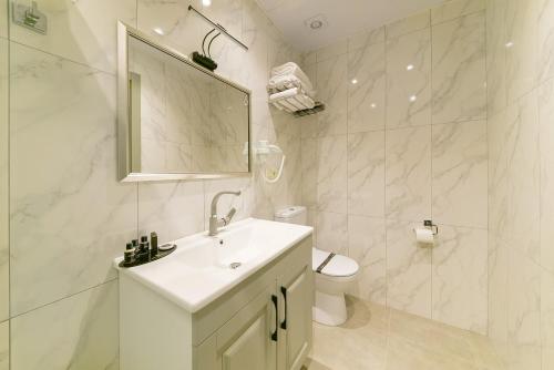 伊斯坦布尔Rise Inn Hotel的白色的浴室设有水槽和卫生间。