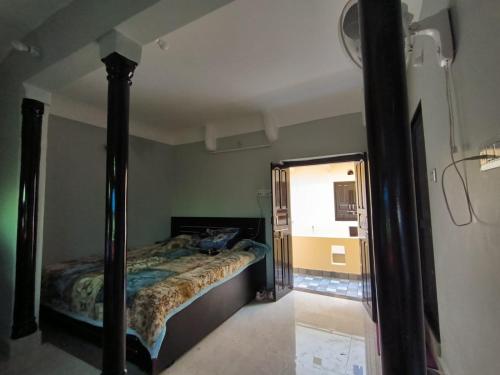 斋浦尔Pink City Backpackers的一间卧室配有一张床和镜子