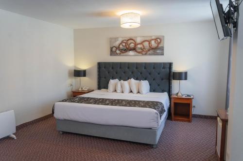 普诺Casona Plaza Hotel Puno的一间位于酒店客房内的带大床的卧室