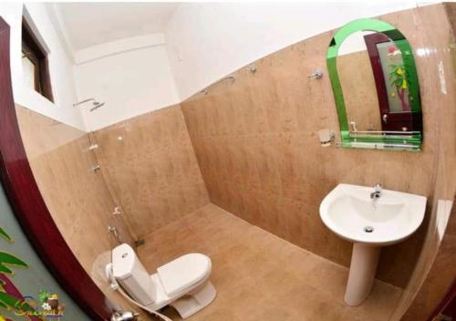 坦加拉Leen Tangalle的一间带水槽、卫生间和镜子的浴室