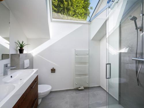 菲伯布伦Chalet Hornblick的带淋浴、卫生间和盥洗盆的浴室