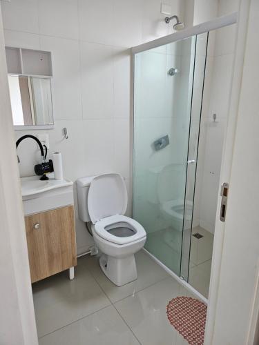 伊塔佩马Apartamento 01的一间带卫生间和玻璃淋浴间的浴室