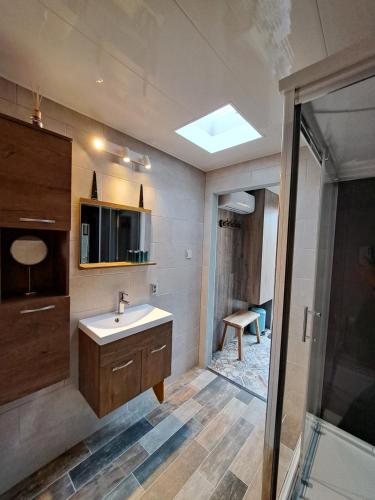 海尔许霍瓦德bnbheerhugowaard的一间带水槽和玻璃淋浴的浴室