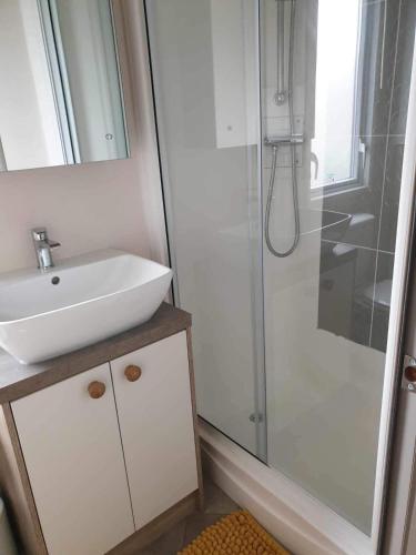 塔特舍尔hot tub luxury caravan 23 Lancaster tattershall lakes的白色的浴室设有水槽和淋浴。