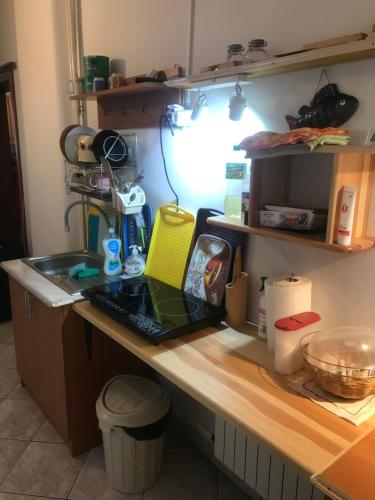 扎科帕内شقة مطلة على الجبل Apartament 3 POKOJOWY Aneks KUCHENNY 3 łazienki pobyt na termach dla 2os, gratis的厨房配有带笔记本电脑的书桌