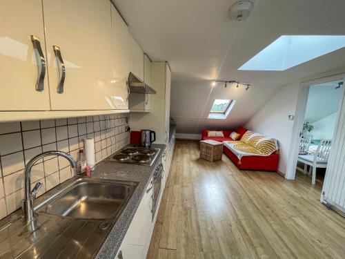 伦敦1 Bed Attic Flat with Easy Reach to City Centre的一个带水槽的厨房和一张沙发