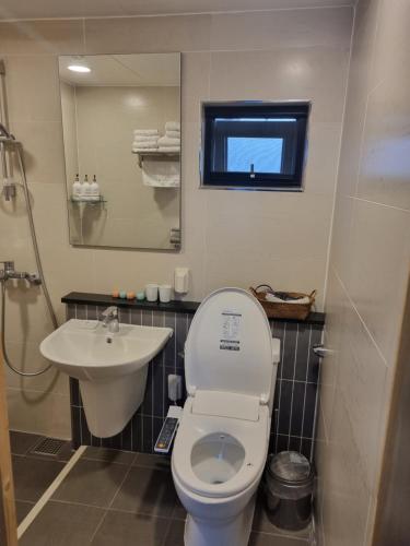 西归浦市JEJU Amoje的一间带卫生间、水槽和镜子的浴室