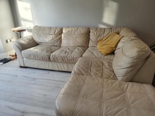 伦敦Trehurst的客厅配有白色沙发,提供黄色枕头