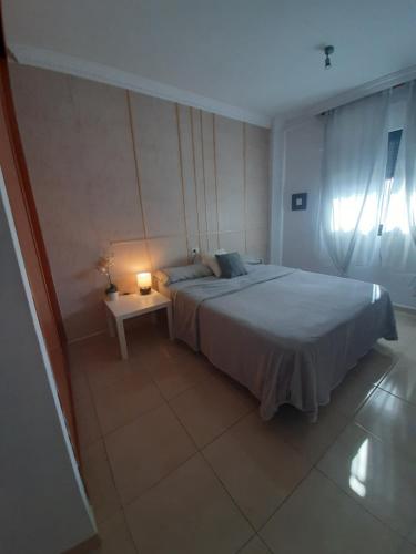 拉拉古纳Viajeros的一间卧室配有一张床和一张带台灯的桌子