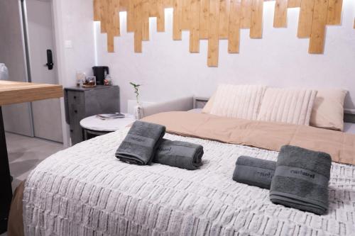 圣热尔韦莱班Studio cabine « Au Loup Blanc »的一间卧室配有一张带两个枕头的床