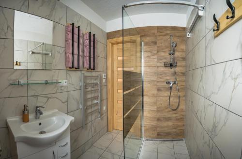 利普托斯基米库拉斯Chata Jazorna的带淋浴和盥洗盆的浴室