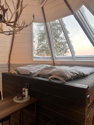 基律纳Northernlight cabin 2的配有2扇窗户的客房内的1张床