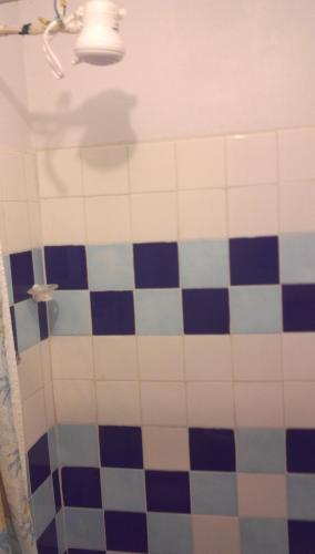 Maracas Bay VillageMaracas Bay View的浴室设有蓝色和白色瓷砖淋浴。