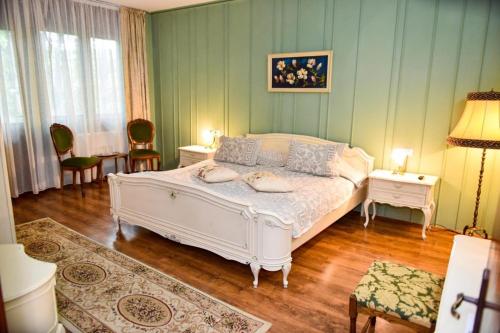 伯伊莱戈沃拉Former Ceausescu's Vila Crizantema的卧室配有白色的床和2把椅子