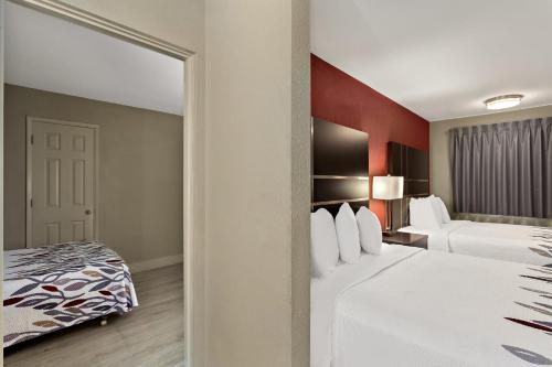 雷丁Red Roof Inn Redding的酒店客房,设有两张床和镜子