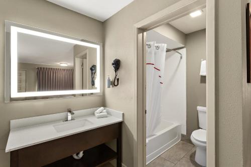 雷丁Red Roof Inn Redding的一间带水槽、卫生间和镜子的浴室
