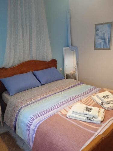 路特奇Φιλόξενο σπίτι στο Λουτράκι!的一张带蓝色枕头的床和毛巾
