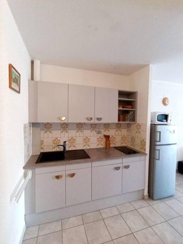 阿格德角Appartement Centre port 4 pers Cap d'Agde的厨房配有白色橱柜和冰箱。