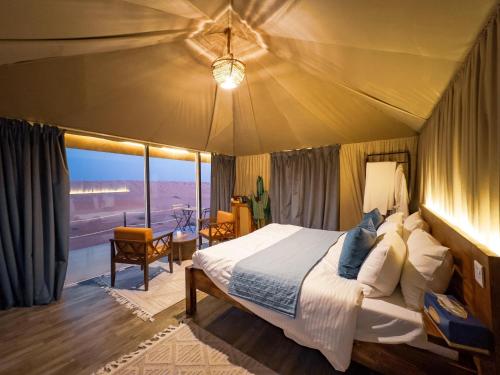 BadīyahMilky way Domes Desert Camp的一间卧室配有一张床,享有沙漠美景