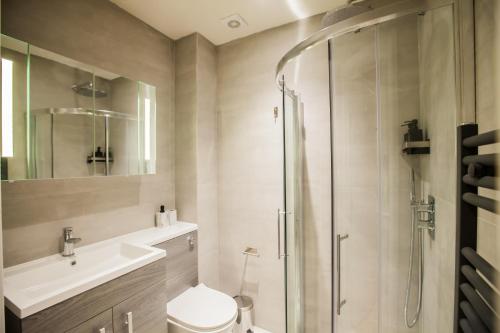伦敦Luxury Fulham 3 bedroom Garden House的带淋浴、卫生间和盥洗盆的浴室