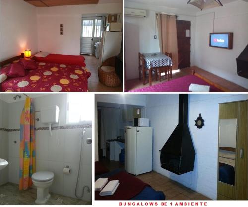亚特兰蒂斯达Bungalows Atardecer Apart Hotel的一张有卧室的房间的三幅照片