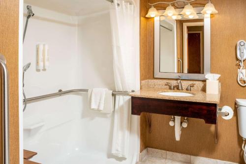哈里森堡Clarion Pointe Harrisonburg的带浴缸、水槽和镜子的浴室