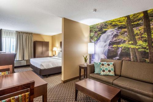 哈里森堡Clarion Pointe Harrisonburg的酒店客房设有一张沙发和一张床,并拥有瀑布壁画