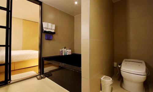 全州市Jeonju Mari Hotel的一间带卫生间和镜子的浴室
