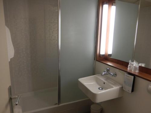 比亚里茨钟楼比亚丽兹酒店的带淋浴、盥洗盆和镜子的浴室