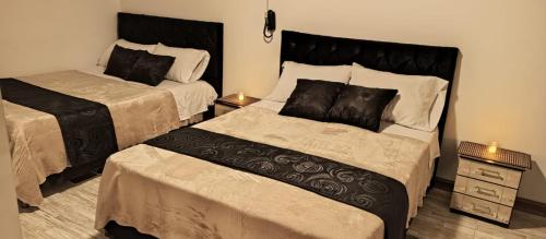 马尼萨莱斯Hotel Palo Grande的一间卧室设有两张床和床头柜