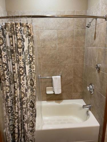 凯洛格Morning Star Lodge - Hosted by Linda的浴室配有浴缸和淋浴及浴帘