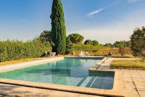 艾马尔格Château Teillan - Cadran solaire的树荫庭院中的游泳池