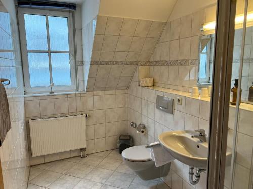 吕登沙伊德Hotel zur Altstadt - Garni的一间带卫生间和水槽的浴室