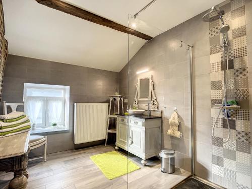 艾瓦耶Au Chat’Moineau的带淋浴、盥洗盆和镜子的浴室