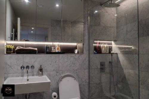 艾纯查姆Lovely 3-Bed Apartment in Altrincham的带淋浴、卫生间和盥洗盆的浴室