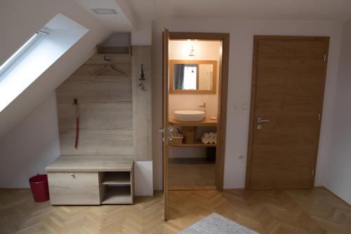 PetrovčeBed & Breakfast Dvorec的一间浴室,内设水槽和门