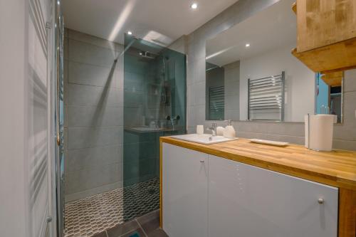夏蒙尼-勃朗峰Les Marmottes d'Argentière - Happy Rentals的一间带水槽和淋浴的浴室