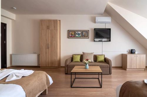 第比利斯New Tiflis Apartment Mziuri的带沙发和电视的客厅