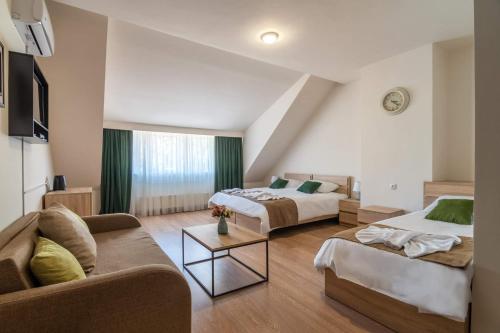 第比利斯New Tiflis Apartment Mziuri的一间带两张床和一张沙发的客厅