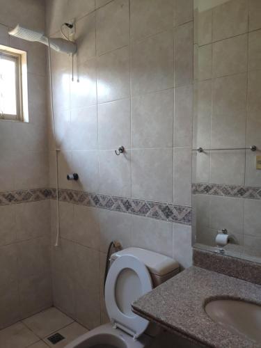 戈亚尼亚Pousadinha Sophia Verde的浴室配有卫生间、盥洗盆和淋浴。