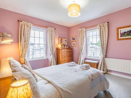阿尼克Peaseblossom House, a charming Grade II Listed Building, in a great location in Alnwick的一间卧室设有一张大床和两个窗户。