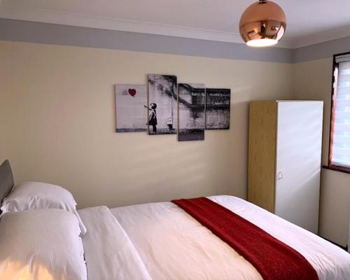 里士满2 bed House with office in Historic Richmond的卧室配有一张带红色毯子的白色床