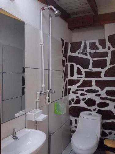 奥兰太坦波Sacred Point的浴室设有卫生间、水槽和长颈鹿壁画