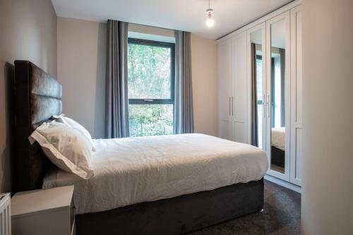 贝尔法斯特Brand New, Luxury & with Terrace的一间卧室设有一张床和一个大窗户